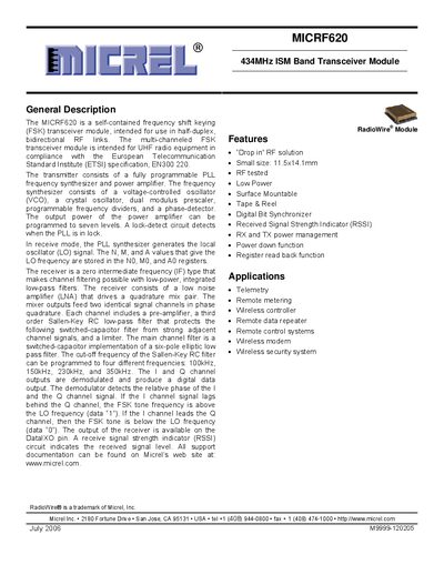Micrel MICRF620 434MHz ISM Band Transceiver Module Datasheet - cover page