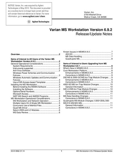 Agilent MS Workstation Version 6.9.2 Release/Update Notes - cover page