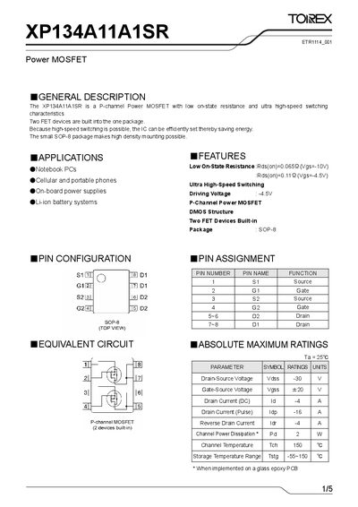 Torex XP134A11A1SR P-Channel Power MOSFET Datasheet - cover page