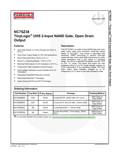 Fairchild NC7SZ38 TinyLogic UHS 2-Input NAND Gate Datasheet - cover page