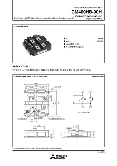 Mitsubishi Electric CM400HB-90H HVIGBT Module Datasheet - cover page