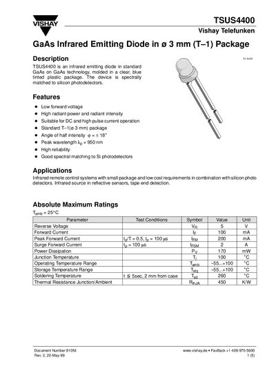 Vishay TSUS4400 Infrared Emitting Diode Datasheet - cover page