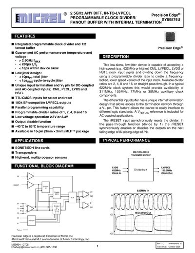 Micrel SY89874U Programmable Clock Divider/Fanout Buffer Datasheet - cover page