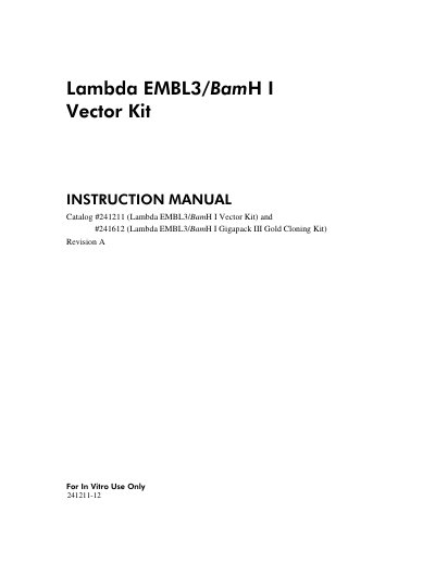 Agilent Lambda EMBL3/BamH I Vector Kit Instruction Manual - cover page