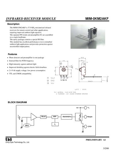 INFRARED RECEIVER MODULE MIM-0KM2AKF Manual - cover page