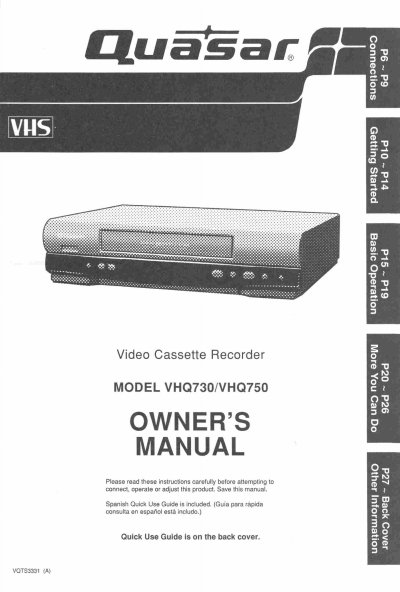 Panasonic VHQ730 VCR Owner's Manual - cover page