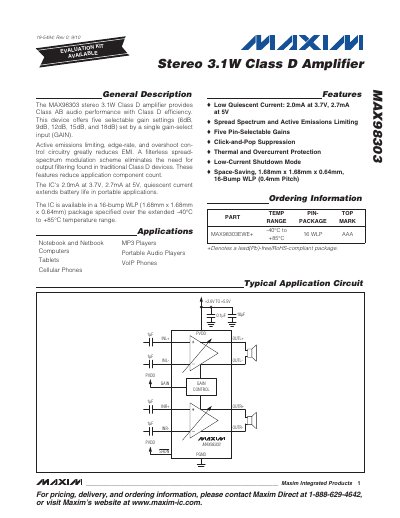Maxim MAX98303 Stereo 3.1W Class D Amplifier Datasheet - cover page