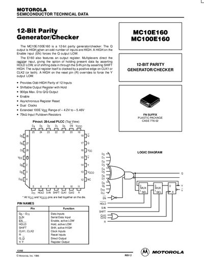 Motorola MC10E160/MC100E160 12-Bit Parity Generator/Checker Datasheet - cover page