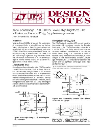 LINEAR Wide Input Range 1A LED Driver Powers High Brightness LEDs with Automotive 12VAC Supplies Design Note 388 John Tilly Awo Ashiabor - cover page