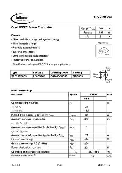 Infineon SPB21N50C3 Power Transistor Datasheet - cover page