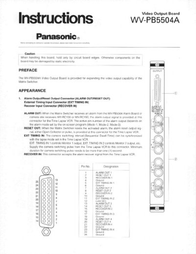 Panasonic WV-PB5504A Video Output Board Installation Instructions - cover page