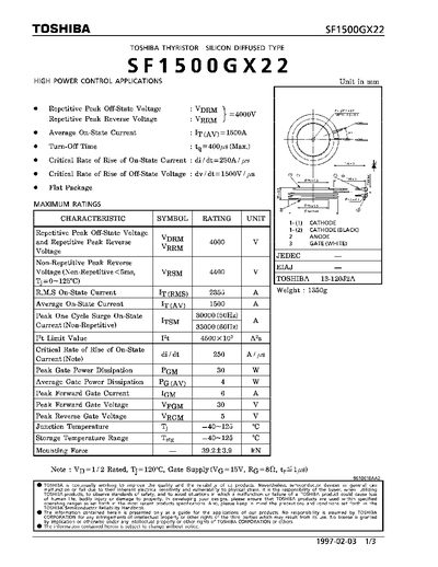 Toshiba SF1500GX22 Thyristor Datasheet - cover page
