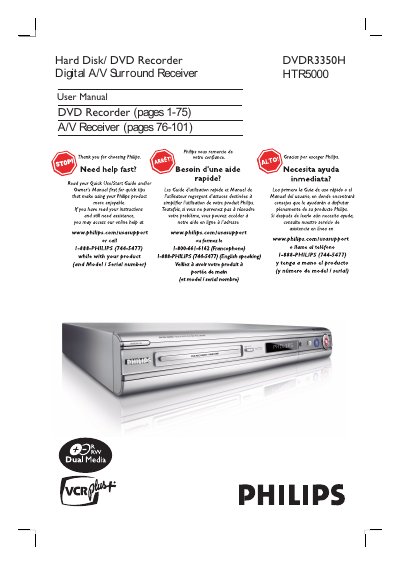 Philips DVDR3350H Hard Disk/DVD Recorder and HTR5000 A/V Surround Receiver User Manual - cover page