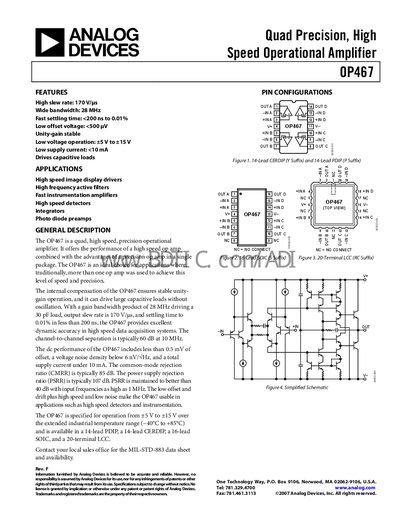Analog Devices OP467 Quad Operational Amplifier Datasheet - cover page