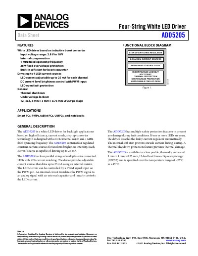 Analog Devices ADD5205 White LED Driver Data Sheet - cover page