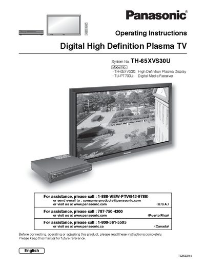 Panasonic TH-65XVS30U Plasma TV Operating Instructions - cover page