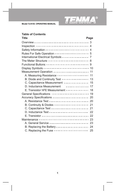 Tenma 72-8155 Digital Inductance Capacitance Meter Operating Manual - cover page