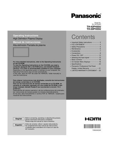 Panasonic TH-42PH20U/TH-50PH20U Plasma Display Operating Instructions - cover page