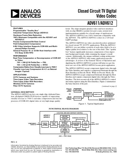 Analog Devices ADV611/ADV612 Video Codec Datasheet - cover page