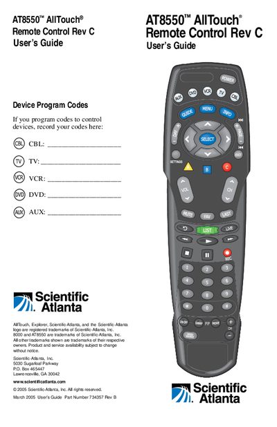 Scientific-Atlanta AT8550 Remote Control Rev C User Guide - cover page