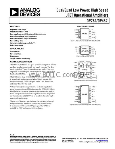 Analog Devices OP282/OP482 Dual/Quad Low Power JFET Operational Amplifiers Datasheet - cover page