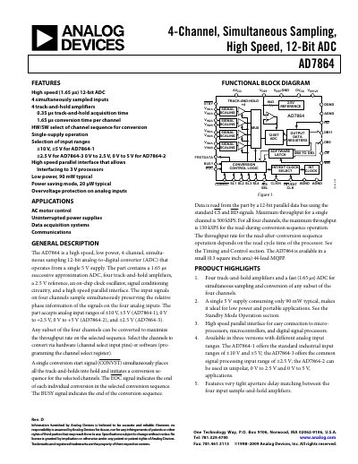 Analog Devices AD7864 12‑Bit ADC Datasheet - cover page