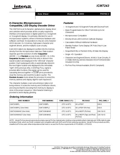 Intersil ICM7243 LED Display Decoder Driver Datasheet - cover page
