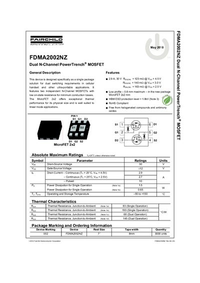 Fairchild Semiconductor FDMA2002NZ Dual N-Channel PowerTrench MOSFET Datasheet - cover page