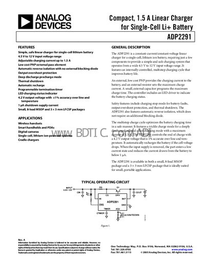Analog Devices ADP2291 Linear Charger Datasheet - cover page