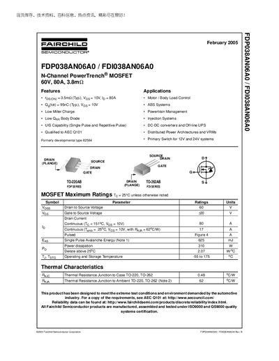 FAIRCHILD FDP038AN06A0 FDI038AN06A0 N-Channel PowerTrench MOSFET 60V 80A 3.8m Manual - cover page