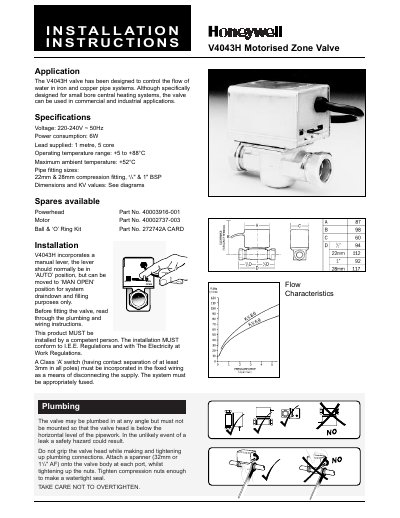 Honeywell V4043H Motorised Zone Valve Installation Guide - cover page