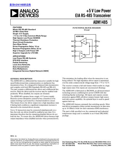 Analog Devices ADM1485 +5 V Low Power EIA RS-485 Transceiver Datasheet