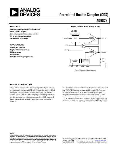 Analog Devices AD9823 Correlated Double Sampler Datasheet - cover page