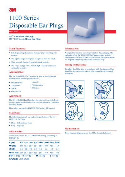 3M 1100 Series Disposable Ear Plugs Data Sheet - cover page