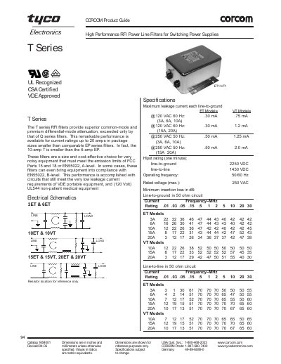 CORCOM T Series RFI Power Line Filter Datasheet - cover page