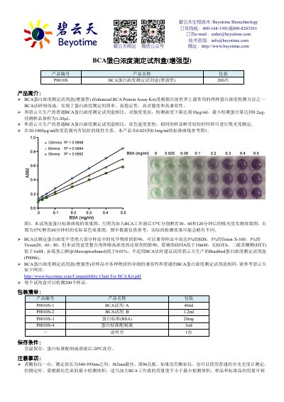 Beyotime P0010S Enhanced BCA Protein Assay Kit Product Leaflet - cover page