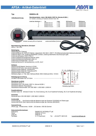 APSA D6000S/n-3S Power Strip Data Sheet - cover page