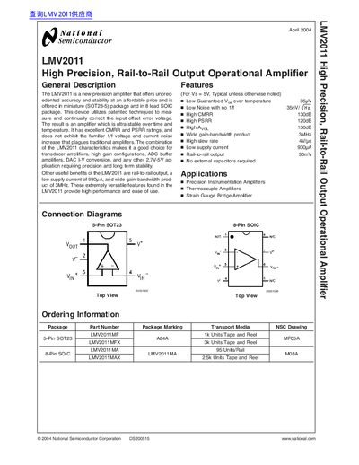 National Semiconductor LMV2011 High Precision Operational Amplifier Datasheet - cover page