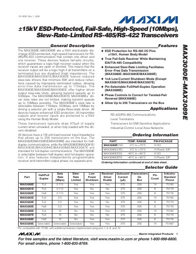 Maxim Integrated MAX3080E–MAX3089E RS-485/RS-422 Transceiver Datasheet - cover page