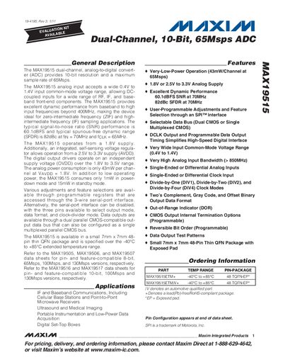 Maxim MAX19515 Dual-Channel 10‑Bit 65Msps ADC Datasheet
