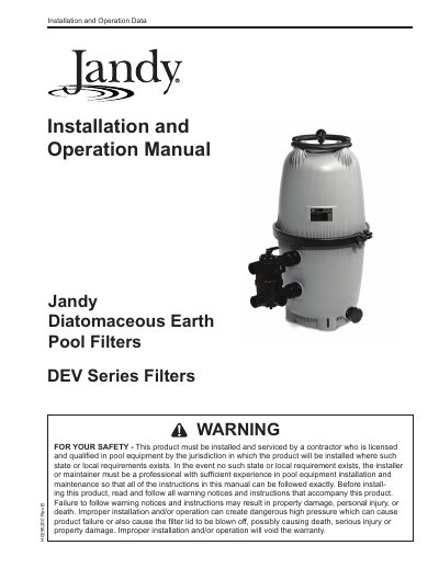Jandy DEV Series Diatomaceous Earth Pool Filter Installation and Operation Manual - cover page