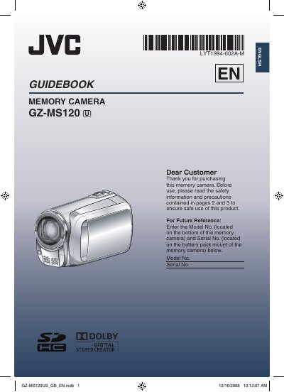 JVC GZ-MS120 Memory Camera User Manual