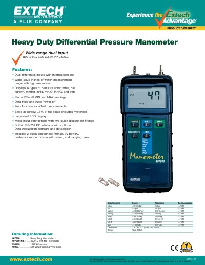 Extech 407910 Heavy Duty Differential Pressure Manometer Datasheet - cover page