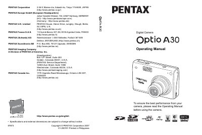 Pentax Optio A30 Digital Camera Operating Manual - cover page