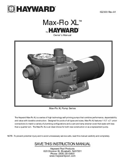 HAYWARD IS2300 Rev-A1 owner's MANUAL - cover page
