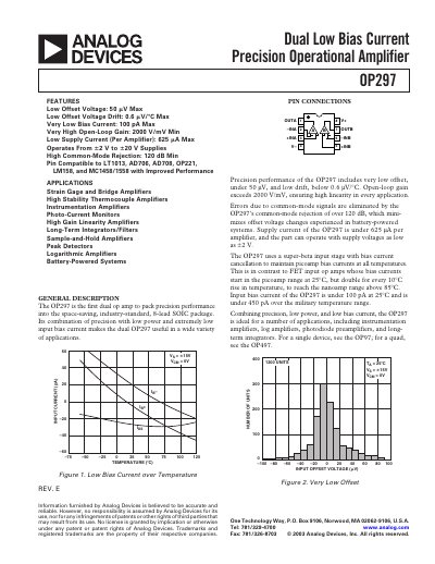 Analog Devices OP297 Dual Low Bias Current Precision Operational Amplifier Datasheet - cover page