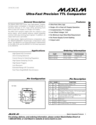 Maxim MXL1016 Ultra-Fast Precision TTL Comparator Datasheet - cover page
