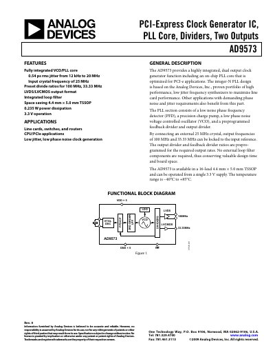 Analog Devices AD9573 PCI‑Express Clock Generator IC Datasheet - cover page