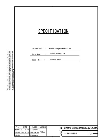 FUJI ELECTRIC - SPECIFICATION Device Name : Type Name : Spec. No. : H04-004-07b 7MBR75U4B120 MS6M 0855 Manual - cover page