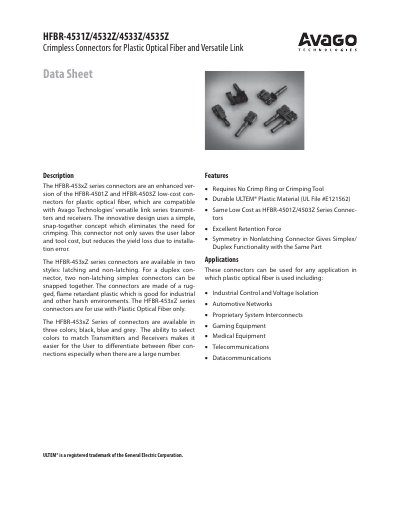 Avago Technologies HFBR-453xZ Series Crimpless Connectors for Plastic Optical Fiber Datasheet - cover page